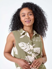 Roman Green Tropical Leaf Print Sleeveless Blouse - Image 1 of 5