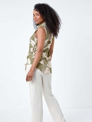 Roman Green Tropical Leaf Print Sleeveless Blouse - Image 3 of 5