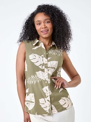 Roman Green Tropical Leaf Print Sleeveless Blouse - Image 4 of 5