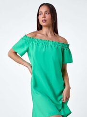 Roman Green Plain Stretch Neck Bardot Dress - Image 4 of 5