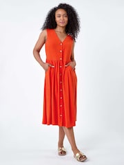 Roman Orange Linen Blend Pocket Button Midi Dress - Image 1 of 5