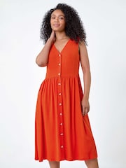 Roman Orange Linen Blend Pocket Button Midi Dress - Image 2 of 5