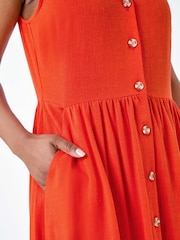 Roman Orange Linen Blend Pocket Button Midi Dress - Image 5 of 5
