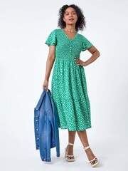 Roman Green Ditsy Floral Shirred Midi Dress - Image 1 of 5