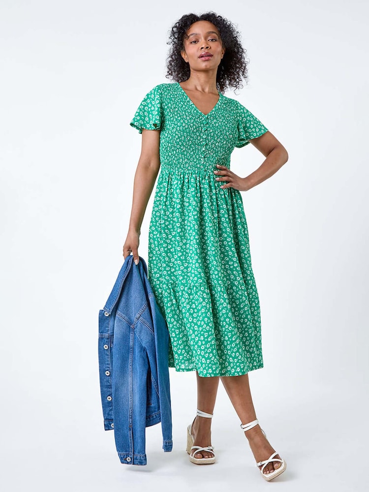 Roman Green Ditsy Floral Shirred Midi Dress - Image 1 of 5