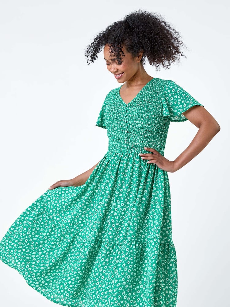 Roman Green Ditsy Floral Shirred Midi Dress - Image 2 of 5