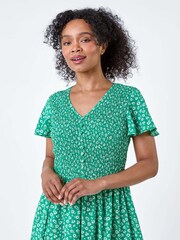 Roman Green Ditsy Floral Shirred Midi Dress - Image 4 of 5
