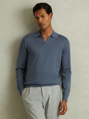 Reiss Airforce Blue Maxwell Merino Wool Half-Zip Polo Shirt - Image 1 of 5