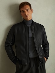Reiss Black Cast Grained Leather Bomber Jacket - Image 1 of 5