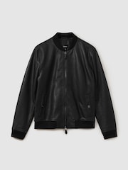 Reiss Black Cast Grained Leather Bomber Jacket - Image 2 of 5