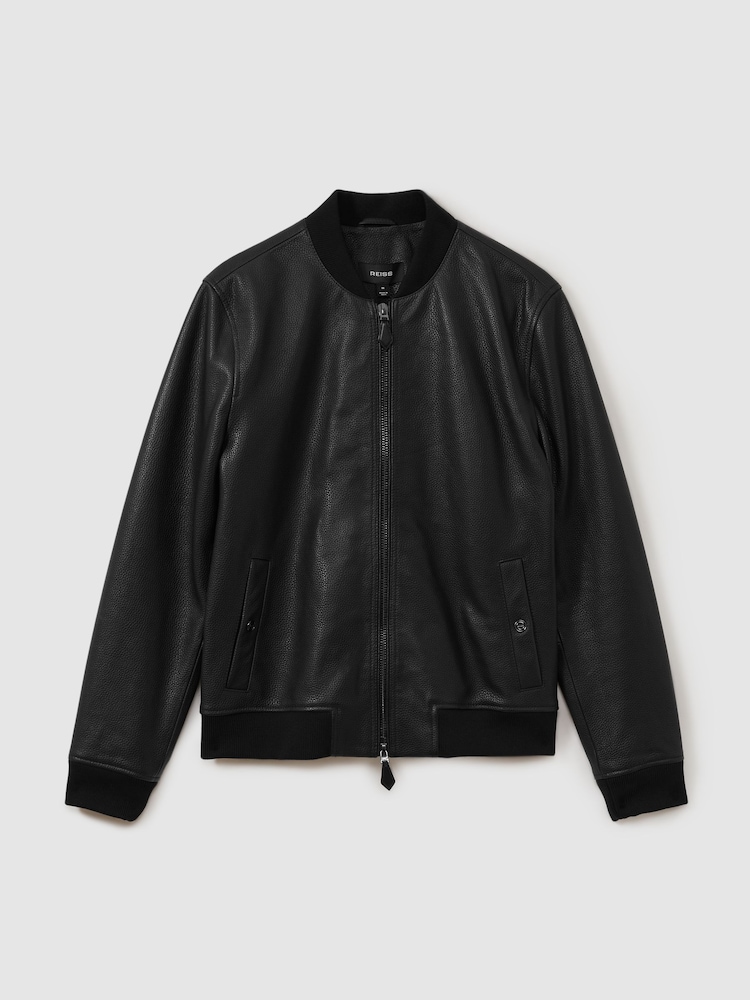 Reiss Black Cast Grained Leather Bomber Jacket - Image 2 of 5