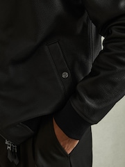 Reiss Black Cast Grained Leather Bomber Jacket - Image 3 of 5