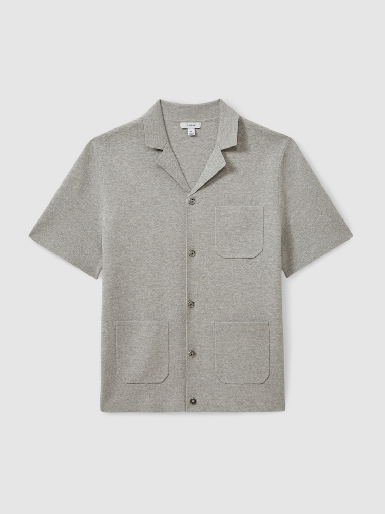 Reiss Soft Grey Melange Monk Knitted Cuban Collar Shirt - Image 2 of 5