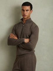 Reiss Dark Brown Melange Maxwell Merino Wool Half-Zip Polo Shirt - Image 1 of 6