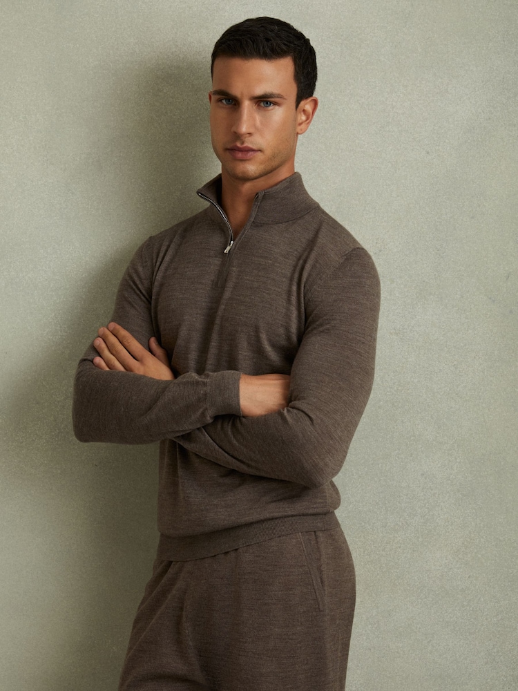 Reiss Dark Brown Melange Maxwell Merino Wool Half-Zip Polo Shirt - Image 1 of 6