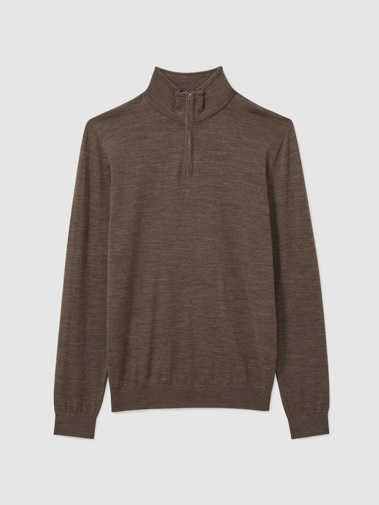 Reiss Dark Brown Melange Maxwell Merino Wool Half-Zip Polo Shirt - Image 2 of 6