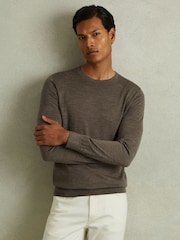 Reiss Dark Brown Melange Wessex Merino Wool Crew Neck Jumper - Image 1 of 4