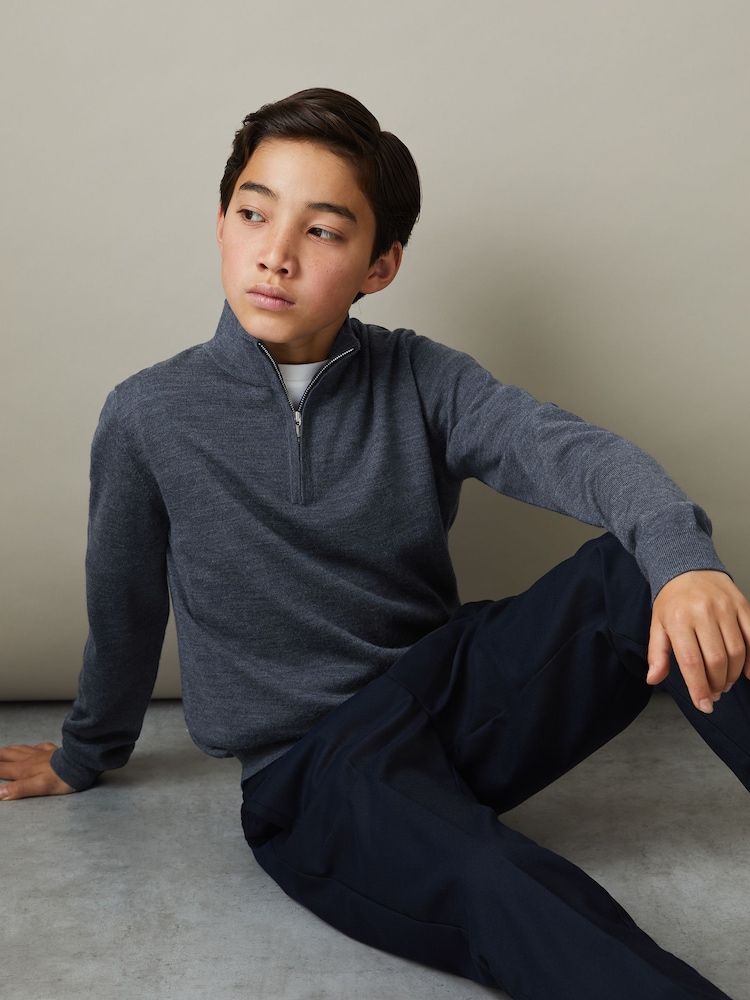 Reiss Dark Airforce Blue Melange Blackhall 3-9 yrs Merino Wool Half-Zip Funnel Neck Jumper - Image 1 of 4