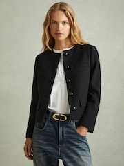 Reiss Black Nola Cropped Wool Single Breasted Jacket - Image 1 of 6
