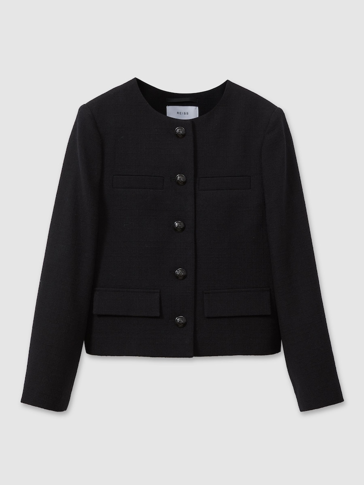 Reiss Black Nola Cropped Wool Single Breasted Jacket - Image 2 of 6