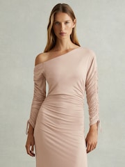 Reiss Blush Cyra Petite One-Shoulder Ruched-Jersey Midi Dress - Image 1 of 7