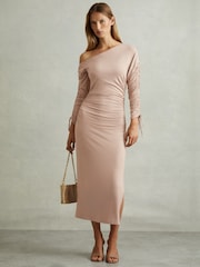 Reiss Blush Cyra Petite One-Shoulder Ruched-Jersey Midi Dress - Image 3 of 7