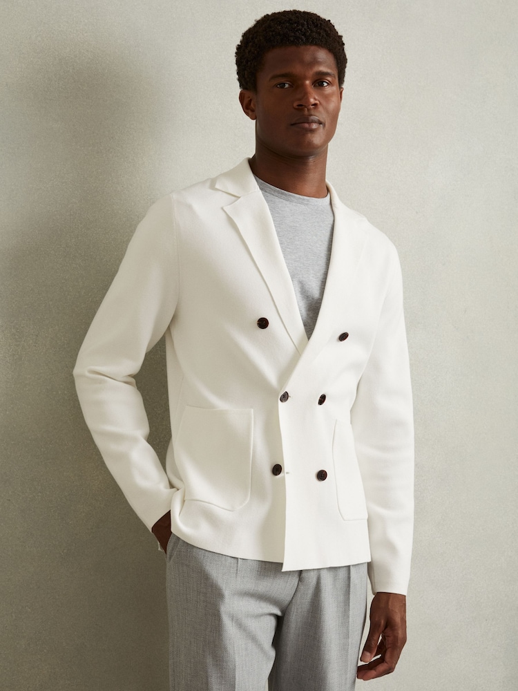 Reiss Ivory White Foulard Knitted Double Breasted Blazer - Image 1 of 5