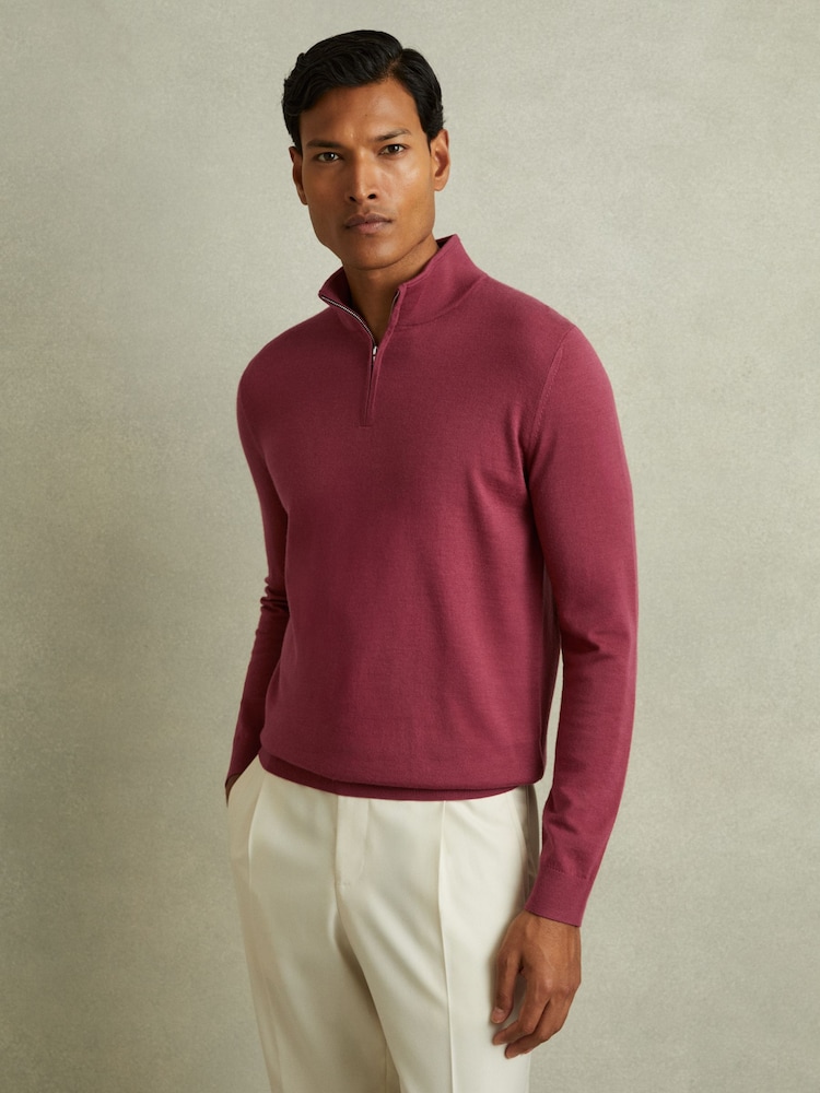 Reiss Cherry Pink Maxwell Merino Wool Half-Zip Polo Shirt - Image 1 of 5