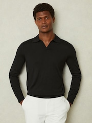 Reiss Black Maxwell Merino Wool Half-Zip Polo Shirt - Image 1 of 6