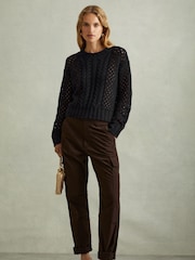 Reiss Navy Marie Cable Knit Jumper with Wool and Cashmere - Image 1 of 5