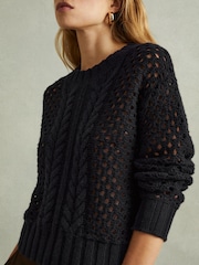 Reiss Navy Marie Cable Knit Jumper with Wool and Cashmere - Image 3 of 5