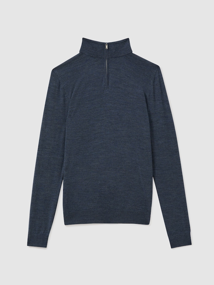 Reiss Dark Airforce Blue Melange Blackhall Merino Wool Half-Zip Funnel Neck Jumper - Image 2 of 5