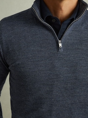 Reiss Dark Airforce Blue Melange Blackhall Merino Wool Half-Zip Funnel Neck Jumper - Image 3 of 5