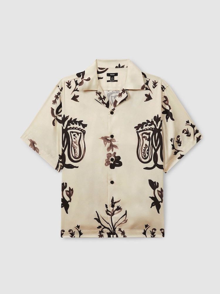 Reiss Off White/Black Babylon Relaxed Floral Print Cuban Collar Shirt - Image 2 of 5