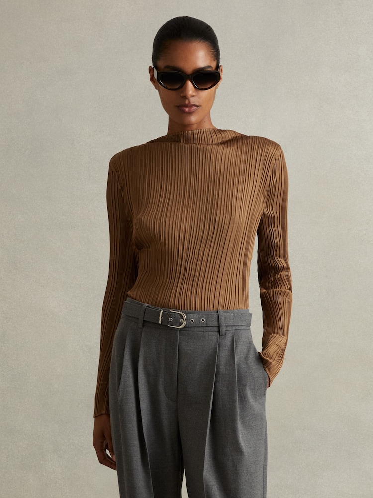 Reiss Gold Ember High Neck Plisse Top - Image 1 of 5