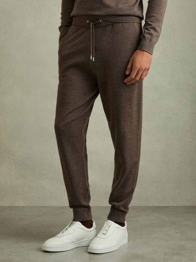 Reiss Dark Brown Melange Billings Merino Wool Blend Drawstring Joggers - Image 1 of 6