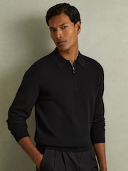 Reiss Black Regis Wool Half-Zip Polo Shirt - Image 1 of 5