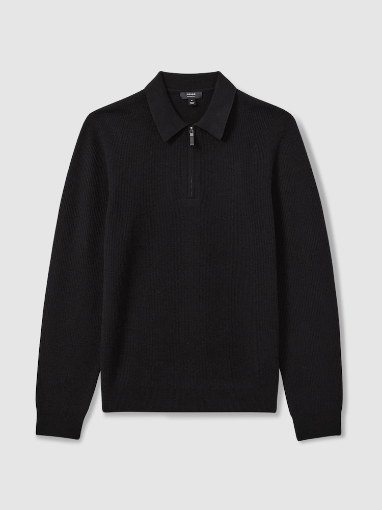 Reiss Black Regis Wool Half-Zip Polo Shirt - Image 2 of 5
