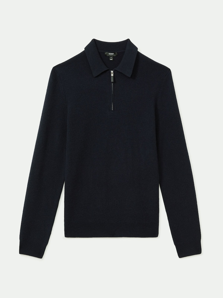 Reiss Navy Blue Regis Wool Half-Zip Polo Shirt - Image 2 of 5