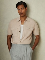 Reiss Oatmeal Parsons Wool Ribbed Button-Through Top - Image 1 of 5