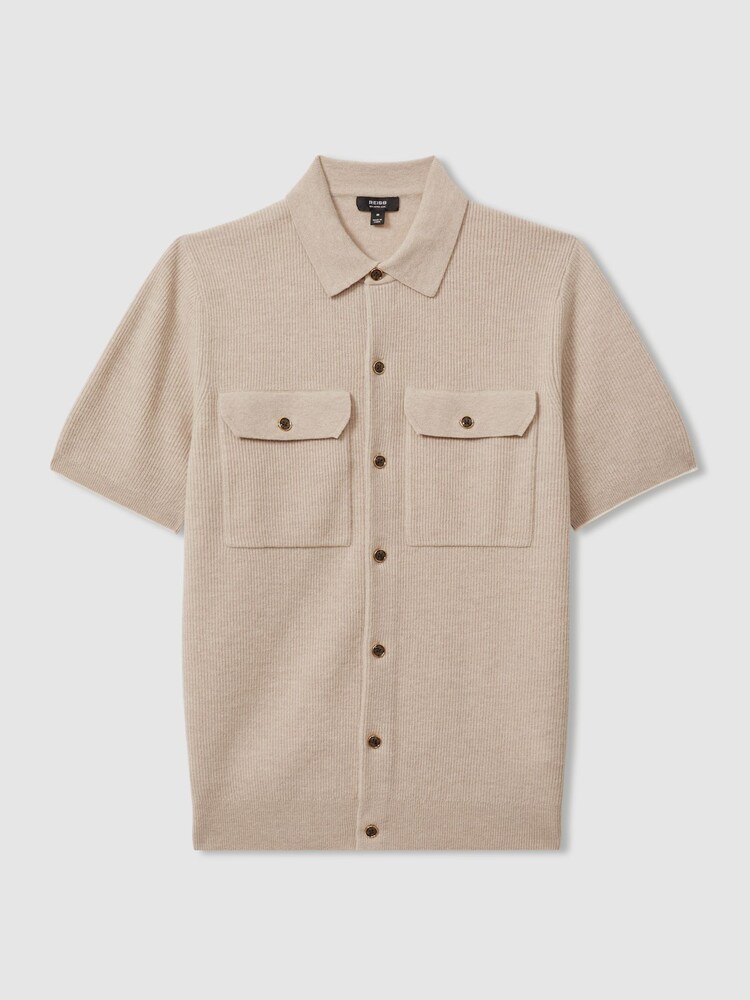 Reiss Oatmeal Parsons Wool Ribbed Button-Through Top - Image 2 of 5