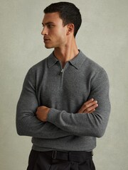 Reiss Grey Melange Regis Wool Half-Zip Polo Shirt - Image 1 of 6