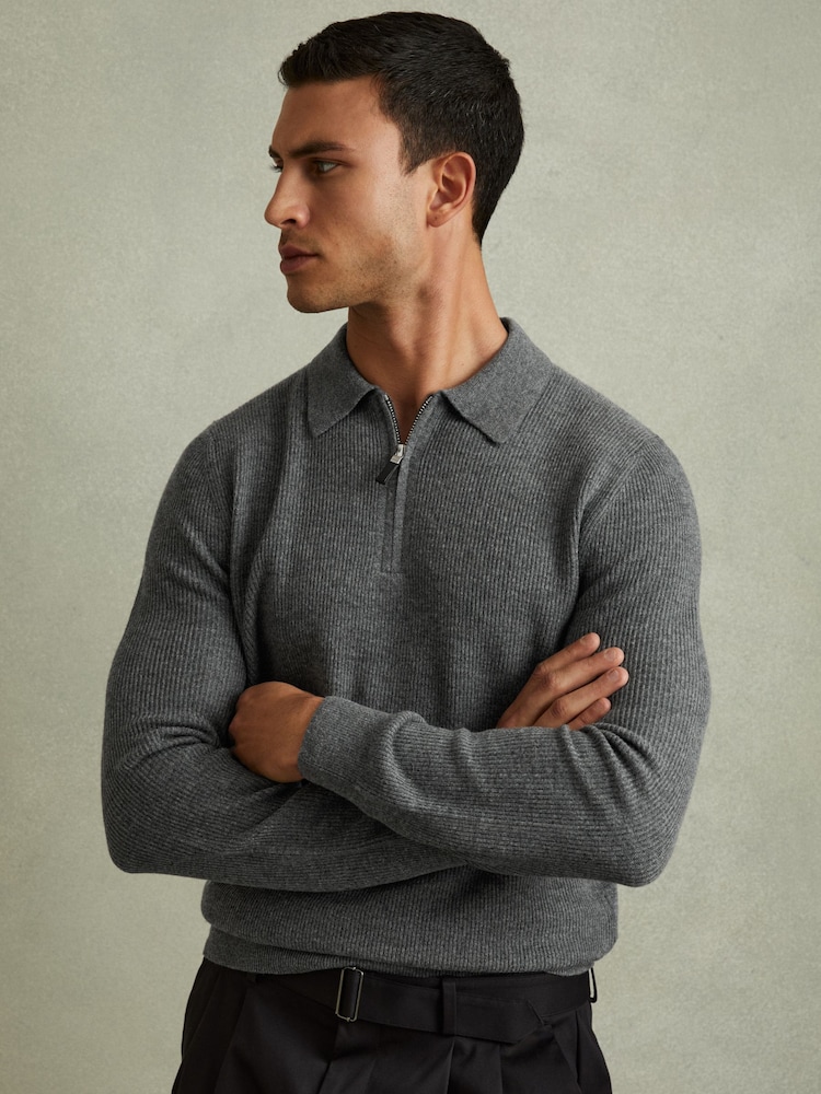 Reiss Grey Melange Regis Wool Half-Zip Polo Shirt - Image 1 of 6