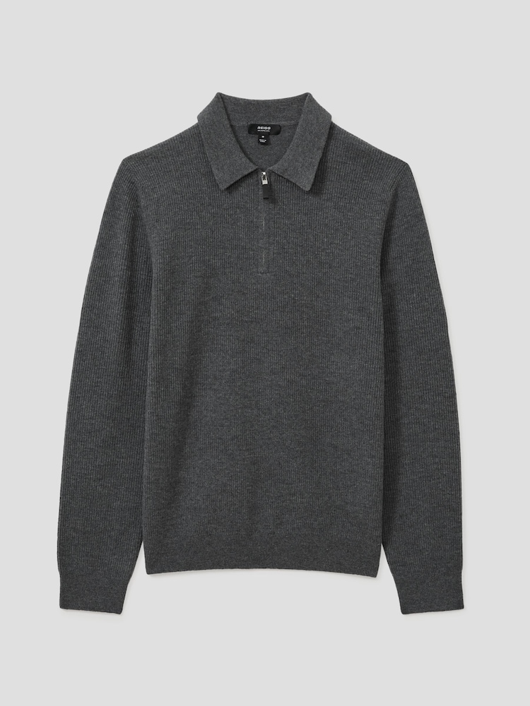 Reiss Grey Melange Regis Wool Half-Zip Polo Shirt - Image 2 of 6 Reiss Grey Melange Regis Wool Half-Zip Polo Shirt - Image 2 of 6