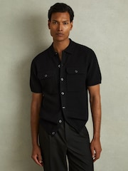 Reiss Black Parsons Wool Ribbed Button-Through Top - Image 1 of 5