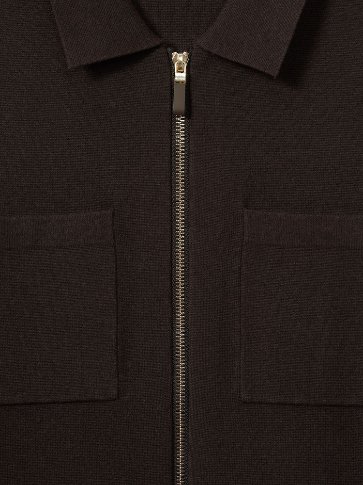 Reiss Chocolate Brown Rivers Knitted Zip-Through Jacket - Image 6 of 6