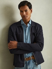 Reiss Navy Rivers Knitted Zip-Through Jacket - Image 1 of 5