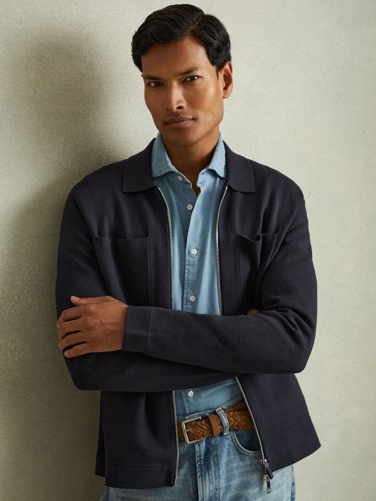 Reiss Navy Rivers Knitted Zip-Through Jacket - Image 1 of 5