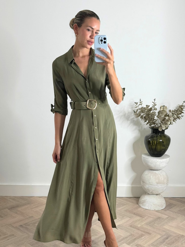 Style Cheat Green Daphne Belted Shirt Dress - Image 1 of 4