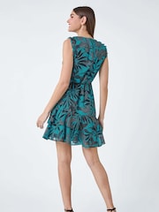 Roman Blue Leaf Print Frill Wrap Dress - Image 3 of 5